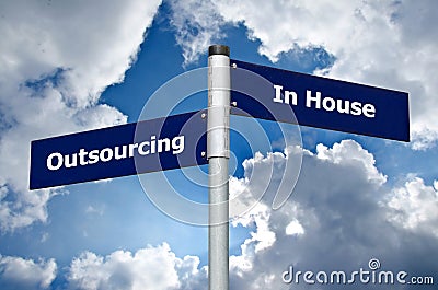 Street sign symbolizing choice between `outsourcing` and `in house` strategies Stock Photo