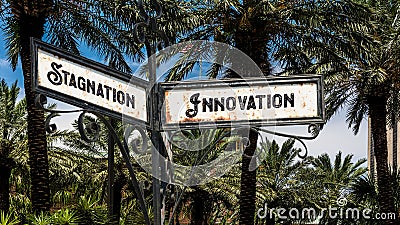Street Sign Innovation versus Stagnation Stock Photo