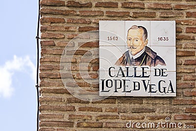 Street sign in Madrid of Calle de Lope de Vega, writer Editorial Stock Photo