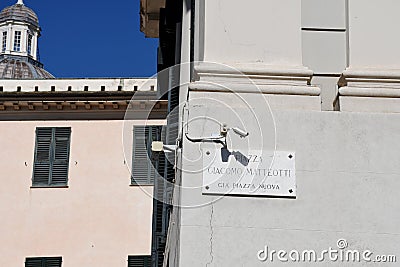 Street Sign at Pizza Matteotti, Genoa, Italy Editorial Stock Photo