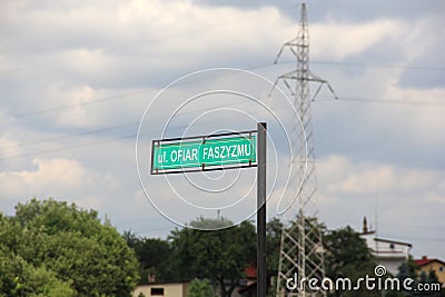 Street sign reads in polish `Victims of Fascism Street`, Oswiecim, Poland Stock Photo