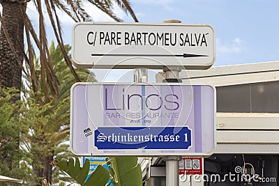 Street sign Schinkenstrasse engl: ham street, Spain: Bartomeu Salva in Palma de Mallorca Editorial Stock Photo
