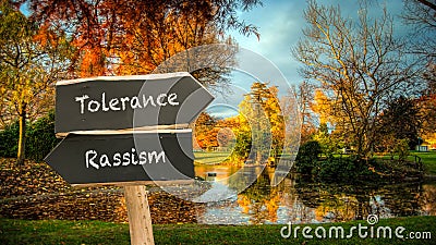 Street Sign Tolerance versus Rassism Stock Photo