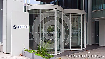 Street signage board with Airbus logo. Modern office building. Editorial 3D rendering Editorial Stock Photo