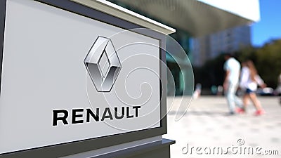 Street signage board with Groupe Renault logo. Blurred office center and walking people background. Editorial 3D Editorial Stock Photo