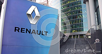 Street signage board with Groupe Renault logo. Modern office center skyscraper and stairs background. Editorial 3D Editorial Stock Photo