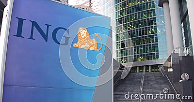 Street signage board with ING Group logo. Modern office center skyscraper and stairs background. Editorial 3D rendering Editorial Stock Photo