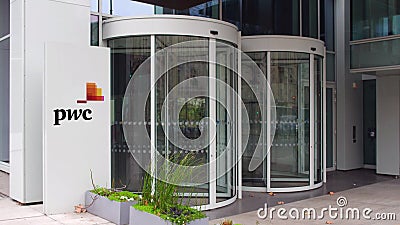 Street signage board with PricewaterhouseCoopers PwC logo. Modern office building. Editorial 3D rendering Editorial Stock Photo