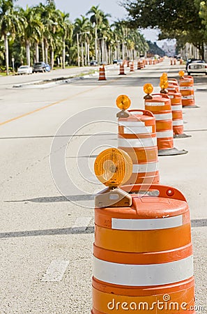 Street signs and barricades Stock Photo
