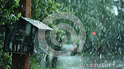 Street signs and mailboxes are dented and damaged from the relentless hail Stock Photo