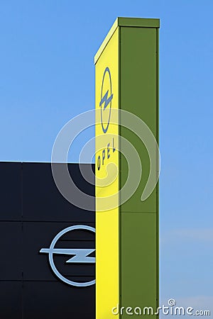 Street signs of an Opel dealer, a European automotive industry brand Editorial Stock Photo