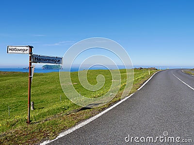 Street signs on Westman Island, Heimaey, Iceland. Stock Photo