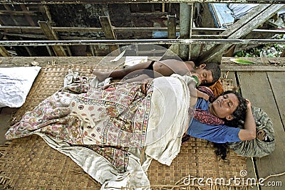 On street sleeping homeless mother with children Editorial Stock Photo