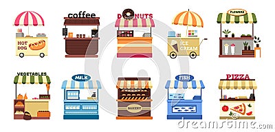 Street stall. Cartoon market stand selling fruit vegetable seafood coffee flowers, festival local farm cart with food Vector Illustration