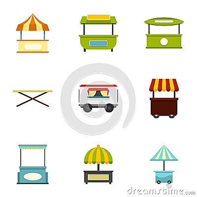 Street stall icon set, flat style Vector Illustration