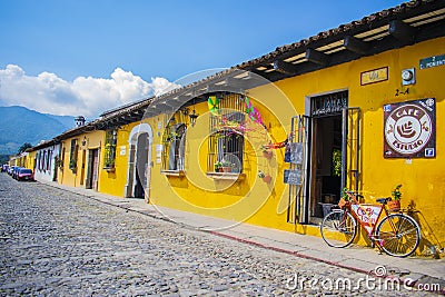 Street stones with adobe houses painted yellow a beautiful unique landscape, Editorial Stock Photo