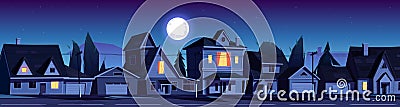 Street in suburb district with houses at night Vector Illustration