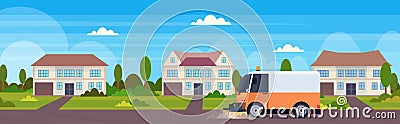 Street sweeper truck machine cleaning process industrial vehicle urban road service concept modern townhouse building Vector Illustration