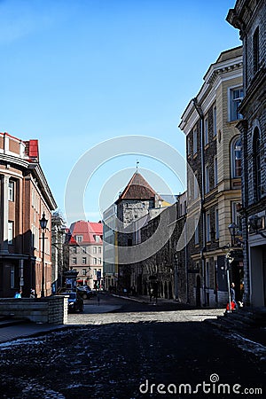 Street in Tallin city and houses on it Editorial Stock Photo