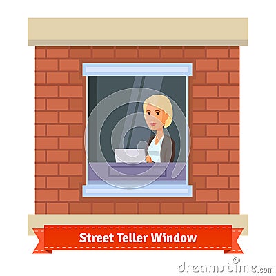 Street teller window with a working clerk woman Vector Illustration