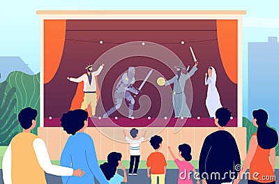 Street theater. Culture entertainment, outdoor family art performance. Magician show on stage for children, park Vector Illustration