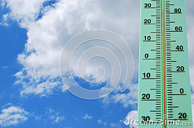 Street thermometer with high temperature Stock Photo