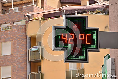 Street thermometer marking 42 degrees Editorial Stock Photo