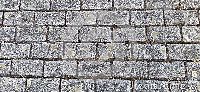 Street tiles are rectangular. Paved street or pavement, city street decoration in retro or vintage style. Gray stone or brick wall Stock Photo