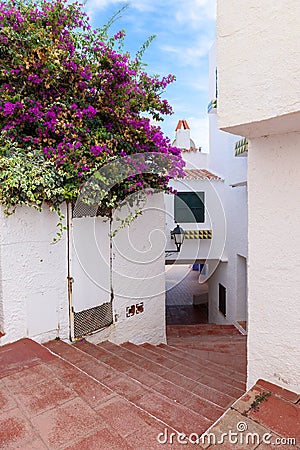 Street with traditional Spanish houses decorated with flowers Stock Photo