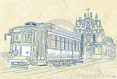 Street tram in Porto, Portugal Cartoon Illustration