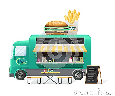 Street van, shop truck counter on wheels, sale of hamburgers. Vector Illustration