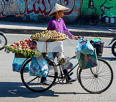 Street vendor on bicycle bring goods to food market in the Old Quarter of Hanoi, Vietnam Editorial Stock Photo