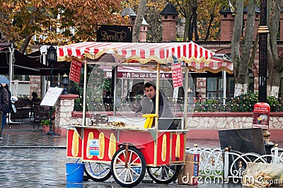 Street vendor with a colorful cart selling fresh Editorial Stock Photo