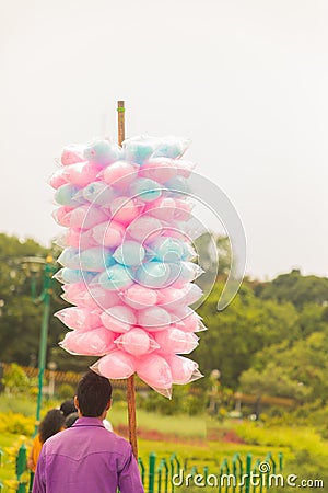 Street Vendor selling Cotton candy or bombay mithai or panju mittai sweet In Indian near Vidhana Soudha, Bengaluru, India Editorial Stock Photo