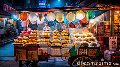 A street vendor selling food at night time. AI generative image Stock Photo