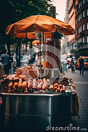 A street vendor selling hot dogs and buns. Generative AI image. Stock Photo