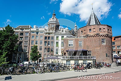 Street view in Amsterdam, with the Schreierstoren tower Editorial Stock Photo