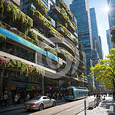 Street view of a bustling futuristic city, featuring various vehicles passing by, AI-generated. Stock Photo