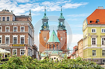 Street view in city center and Cathedral Basilica places to travel: Gniezno / Poland - October 06, 2020 Editorial Stock Photo