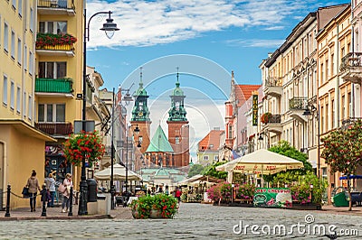 Street view in city center and Cathedral Basilica places to travel: Gniezno / Poland - October 04, 2020 Editorial Stock Photo