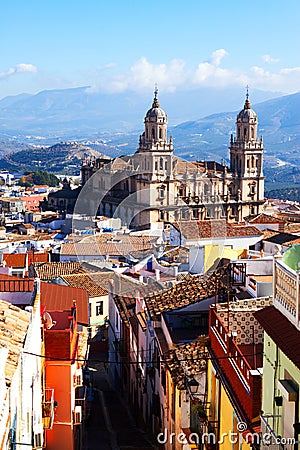 Street view of city with Renaissance Cathedral. Jaen Stock Photo