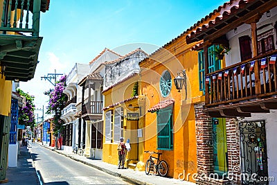 Street view of the colorful Cartagena in Colombia Editorial Stock Photo