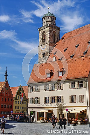 Street view of Dinkelsbuhl, one of the archetypal towns on the German Romantic Road. Editorial Stock Photo