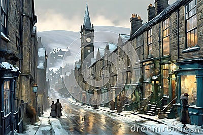 street view of an english northern town in winter at twilight with old stone houses and shop buildings covered in snow and a Stock Photo