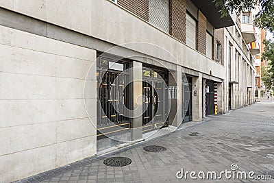Street view and exterior portal of a simple residential building Stock Photo