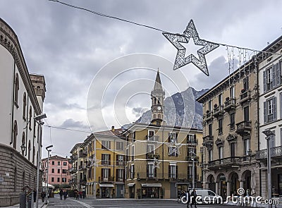 Street view, historic center,square,piazza XX settembre in Lecc Editorial Stock Photo