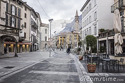 Street view, historic center,square,piazza XX settembre in Lecc Editorial Stock Photo