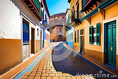 Street View Of Historic Morrocan Alley With Colorful Houses. Generative AI Stock Photo