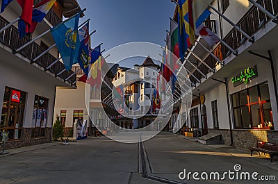 Street view of the hotel complex in Roza Khutor Editorial Stock Photo