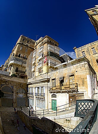 Street view at houses behind Victoria Gate in Valletta,Malta Editorial Stock Photo